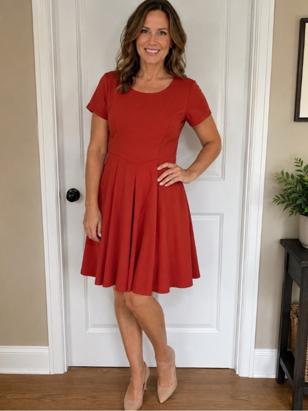 Halara Dress Fit and Flare Pockets Red Orange Swing Short Sleeve